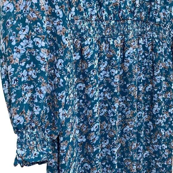 1.STATE Ruffle Dress Medium Long Sleeve Midi Green Floral Cottagecore Hi Lo - Picture 8 of 10